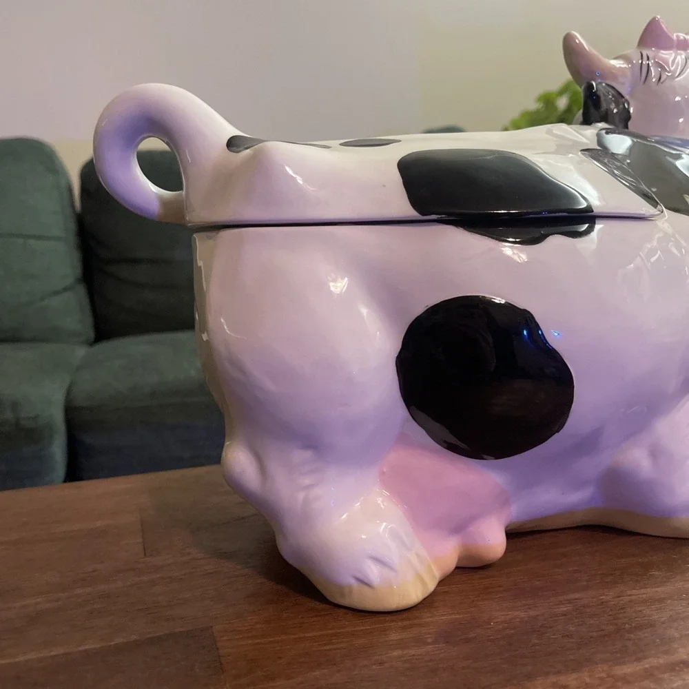 VTG Ceramic Cow‎ Cookie Jar Black White Pink Bow Granny Twin Winton Cottage 16